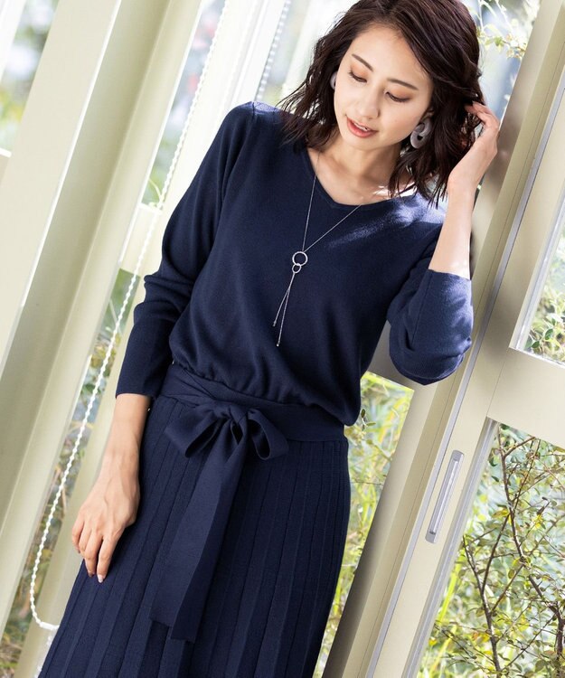 Tiaclasse L 【洗える】1枚で着映えするチェック柄編みニットワンピース ネイビー