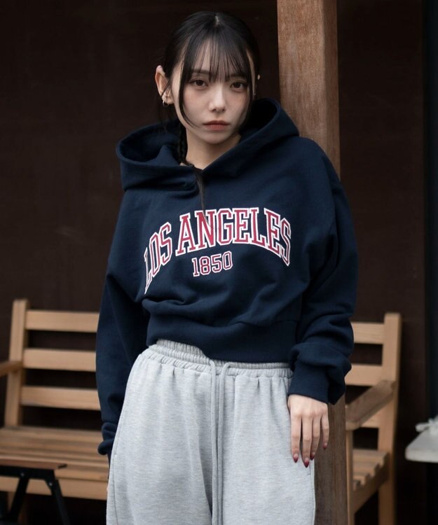 WEGO グラフィックショートプルパーカー ネイビー