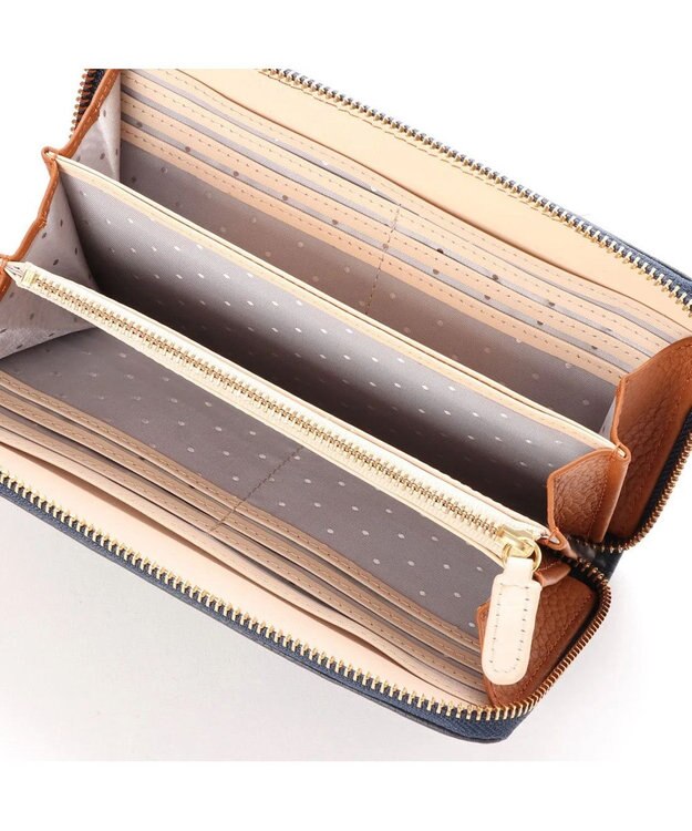 UNBILLION ペルケ perche / 牛革ドット刺繍ラウンド長財布 ネイビーキャメル