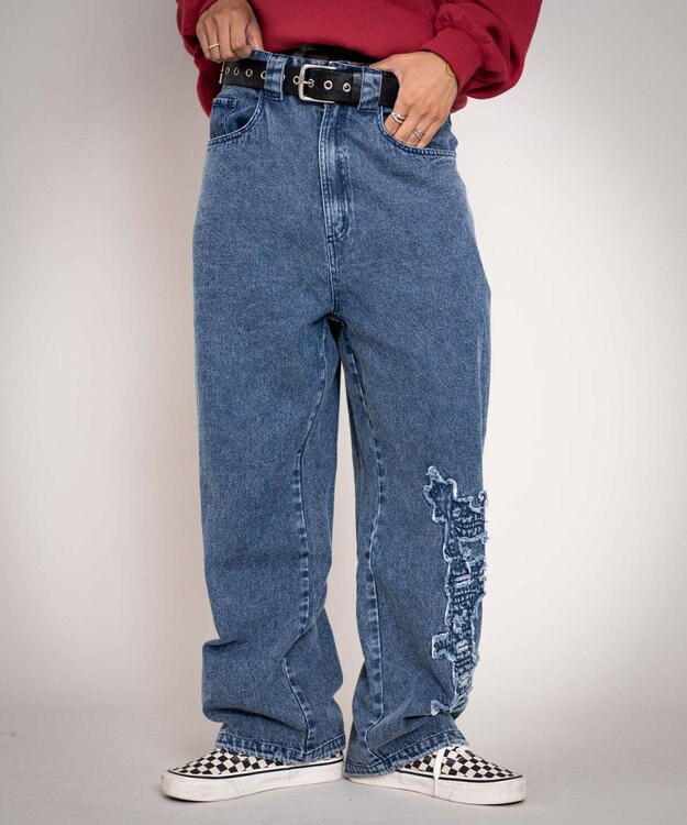 WEGO 【ユニセックス着用YD/ウエスト調整可/MLサイズ展開】グラフィックデニムパンツ デニム中濃加工色