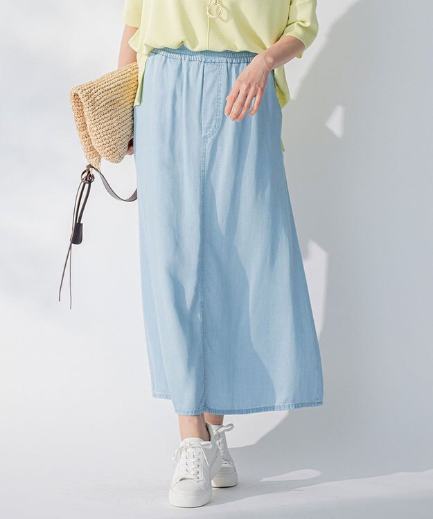 自由区 L 【セット可/洗える】テンセルデニム ロングスカート サックスブルー系