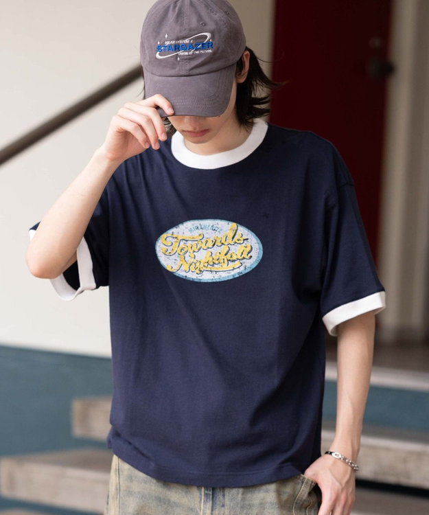WEGO 【ユニセックス着用ITEM/MLサイズ展開】コンパクトフィットグラフィックリンガーT（SS） ネイビー