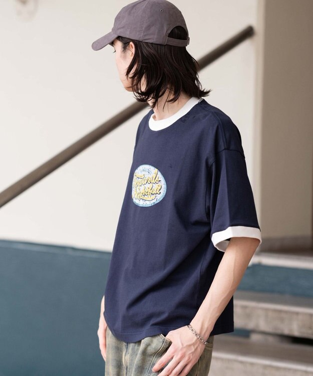 WEGO 【ユニセックス着用ITEM/MLサイズ展開】コンパクトフィットグラフィックリンガーT（SS） ネイビー