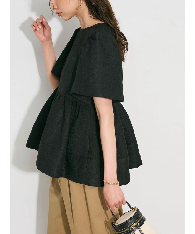 Green Parks パフスリーブジャガードペプラムブラウス Black