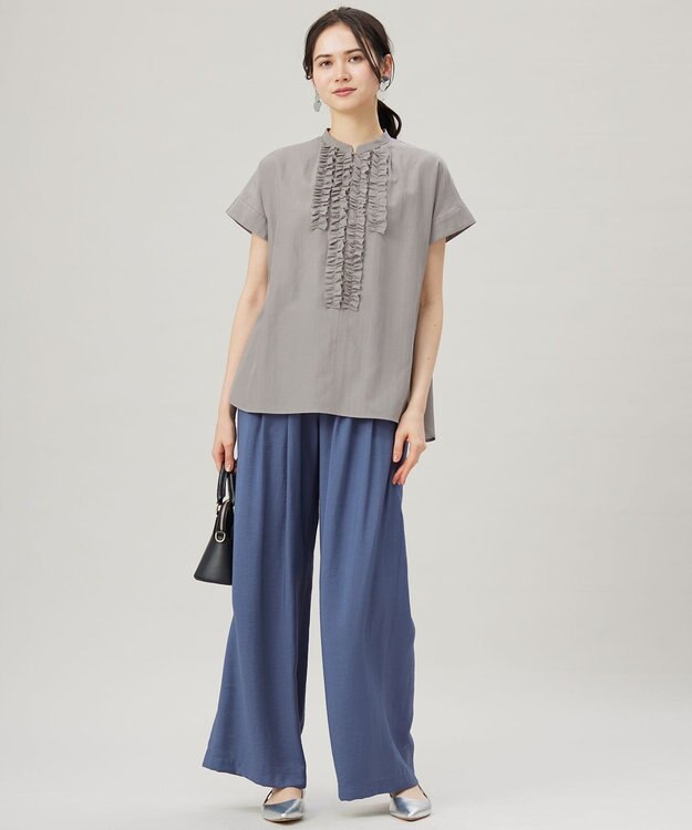 自由区 【洗える】ソフトリネンフリルディティール ブラウス グレー