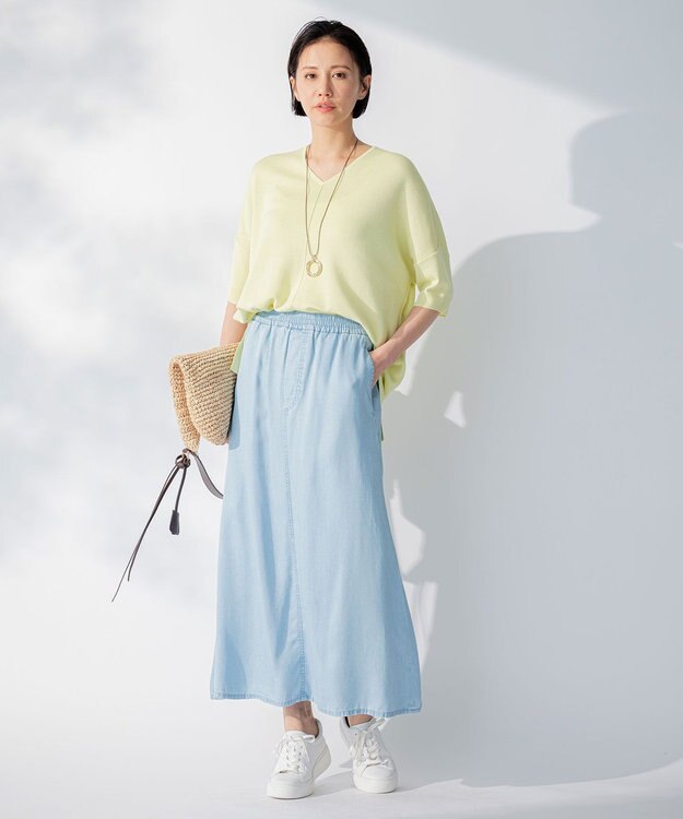 自由区 L 【セット可/洗える】テンセルデニム ロングスカート サックスブルー系
