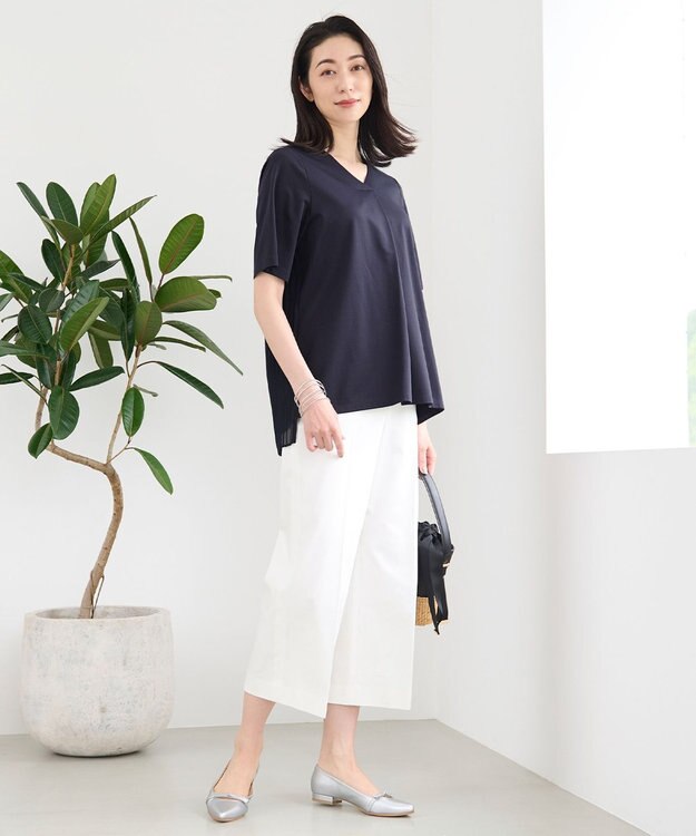 自由区 【洗える・XSサイズあり】シアーコンビバックプリーツ カットソー ネイビー系