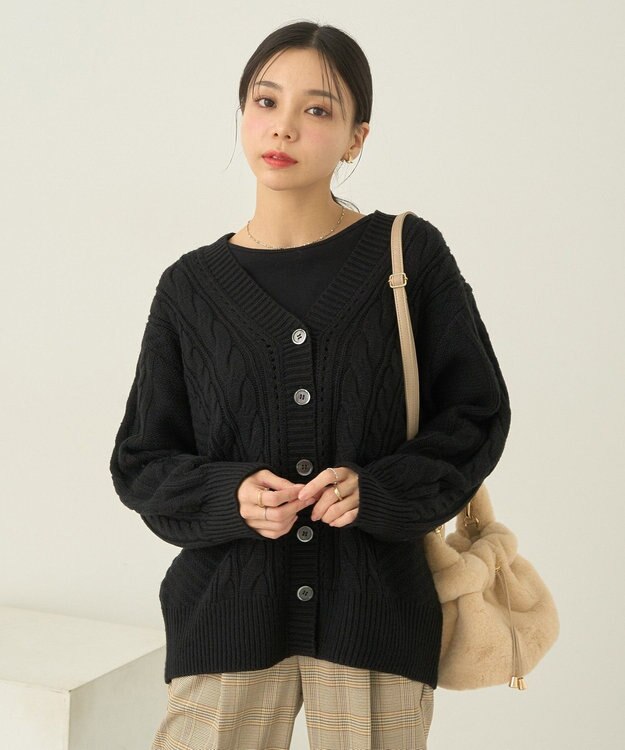 earth music&ecology アンチピリングケーブルカーディガン Black
