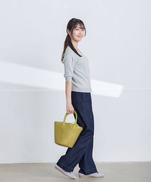 Tiaclasse 【洗える】TCデニム切替ワイドストレートパンツ ネイビー