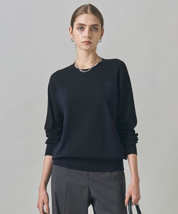 ICB 【洗える】マットヴィスコースポリエステル ブロッキングニット ブラック×ネイビー系