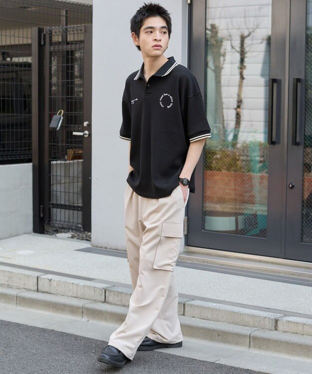 WEGO 【ユニセックス着用ITEM/MLサイズ展開】ワッフルラインポロ ブラック