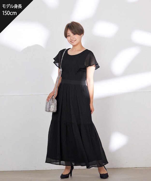 Tiaclasse L 【洗える】シフォンチェック配色フリルワンピース ブラック×ブラック