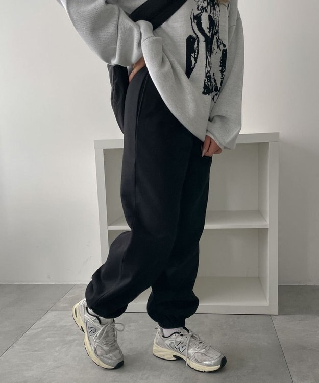 WEGO 【あったか/ウエストゴム】裏起毛スウェットジョガーパンツ ブラック