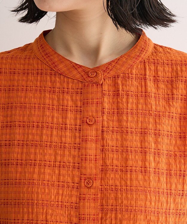 Green Parks シアーチェック７分袖シャツ Orange