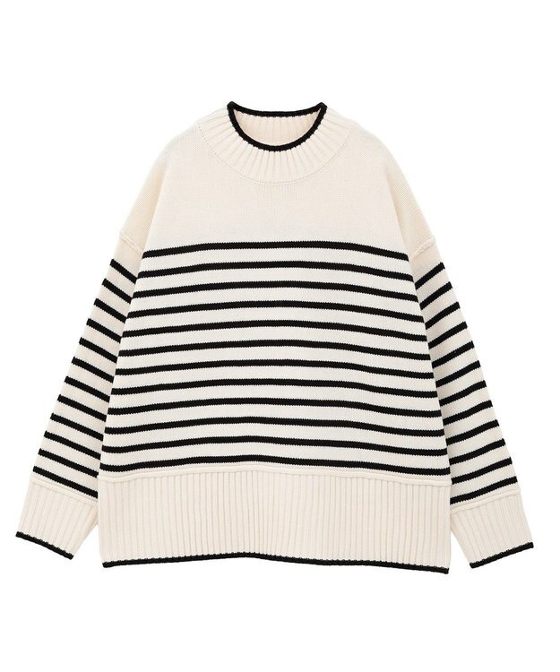 earth music&ecology 【毛玉防止 / 洗濯機洗い可】アンチピリングモックネックバックスリットニット Border Ivory