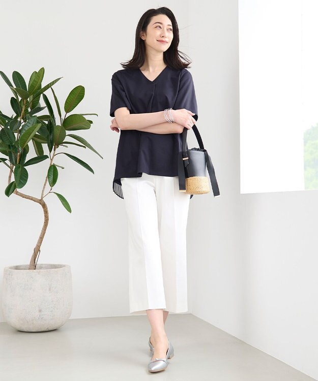 自由区 【洗える・XSサイズあり】シアーコンビバックプリーツ カットソー ネイビー系