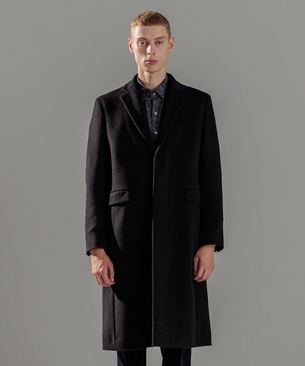 JOSEPH HOMME グロッシーウール 　チェスターコート　＜裏地：フォトコラージュプリント＞ ブラック系