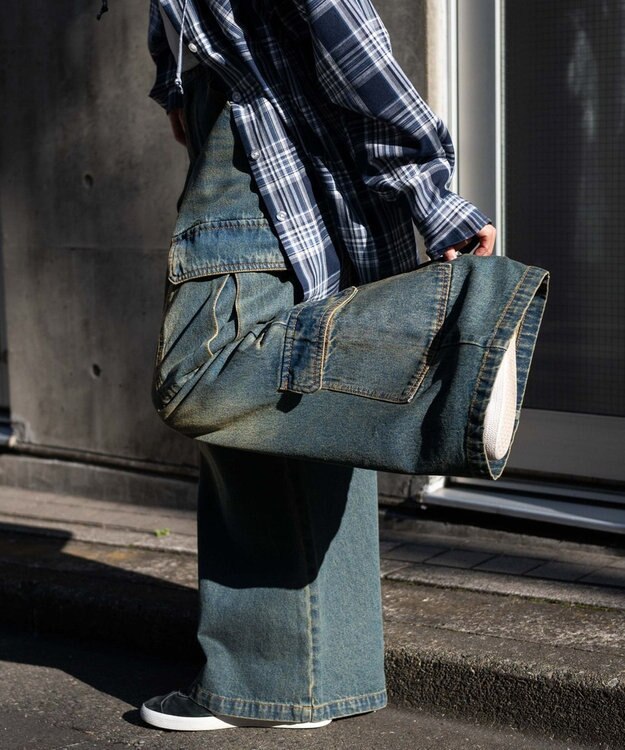 WEGO ヴィンテージウォッシュバギーカーゴパンツ デニム中濃加工色