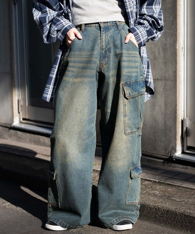 WEGO ヴィンテージウォッシュバギーカーゴパンツ デニム中濃加工色