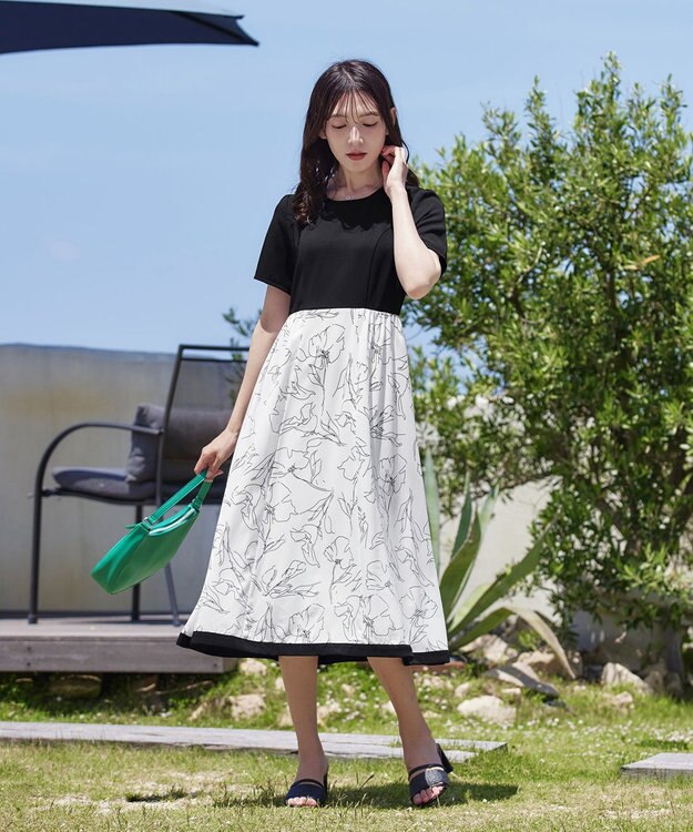 Tiaclasse 【小倉優子さん着用・新色追加・洗える】モノトーンフラワープリントワンピース ブラック×オフホワイト