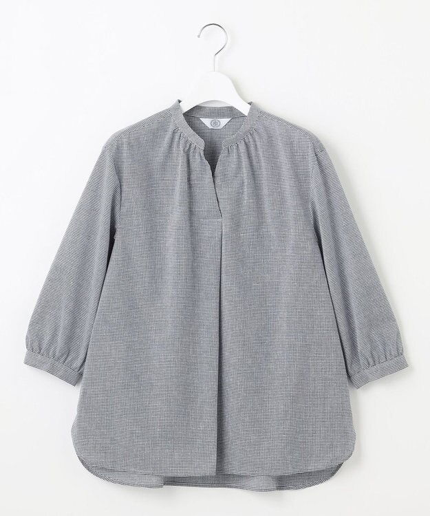 J.PRESS LADIES 【洗える】リネンminiチェック バンドカラー プルオーバー ブラウス ネイビー系