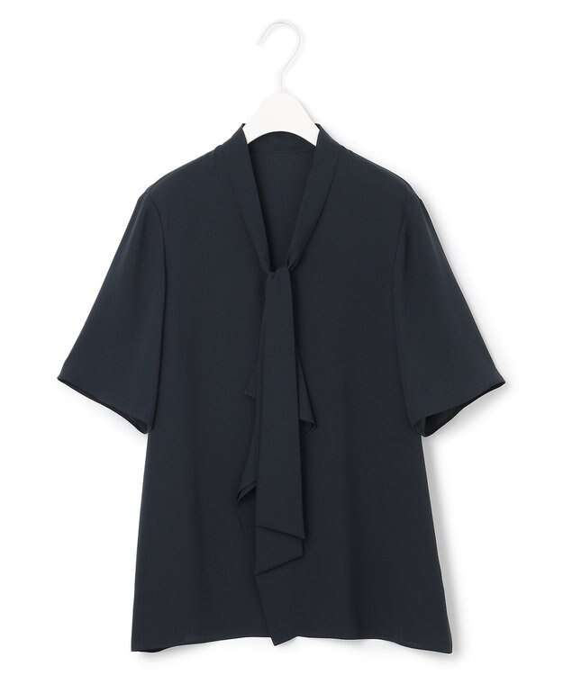 ICB L 【接触冷感・UVケア・速乾・洗える】BackSatinAmunzen 5分袖Vネックボウタイブラウス ネイビー系