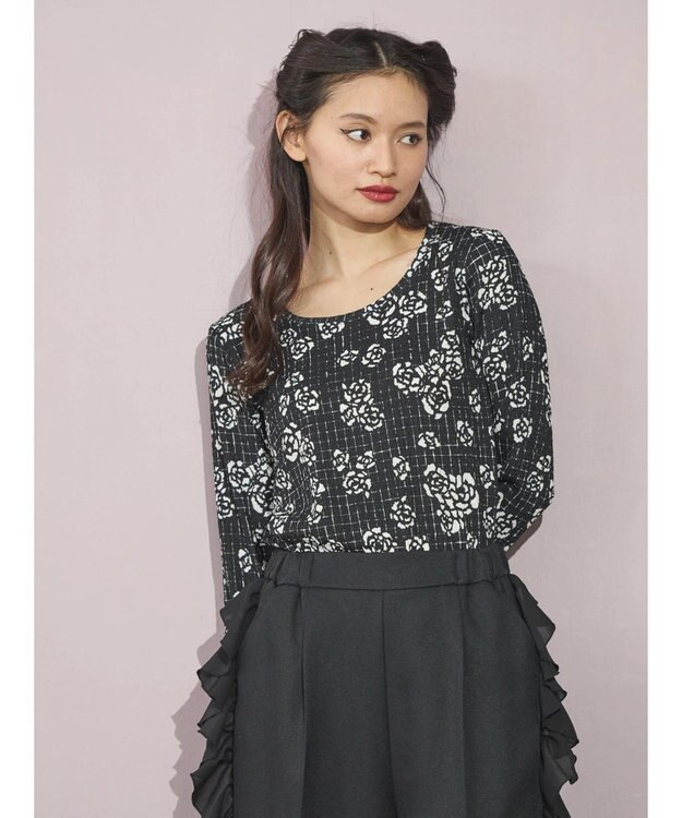 Green Parks ■ＥＳＣＡＲ　Ｕネッククレープカットプルオーバー Flower Black