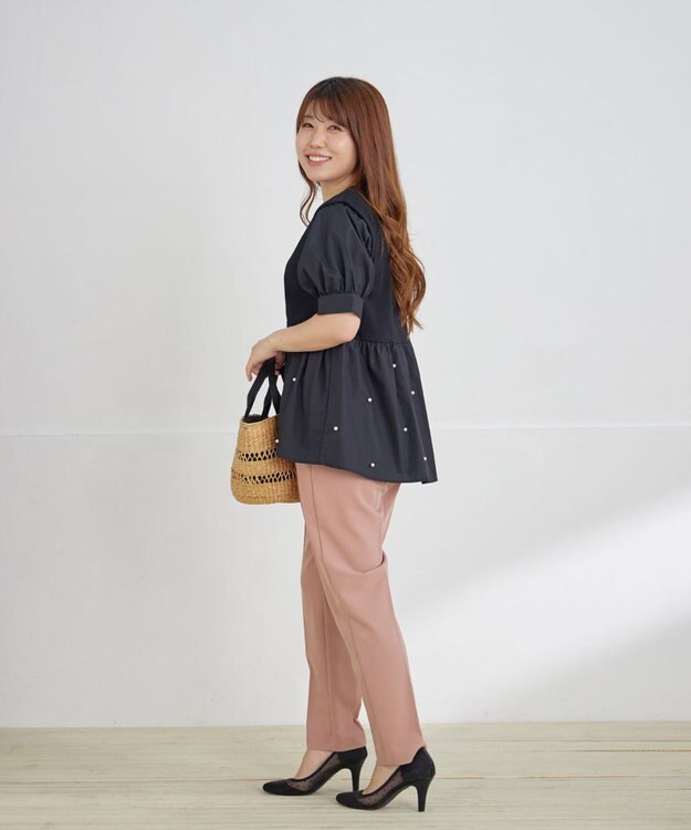 Tiaclasse L 【洗える】パール付きカットソードッキングブラウス ブラック