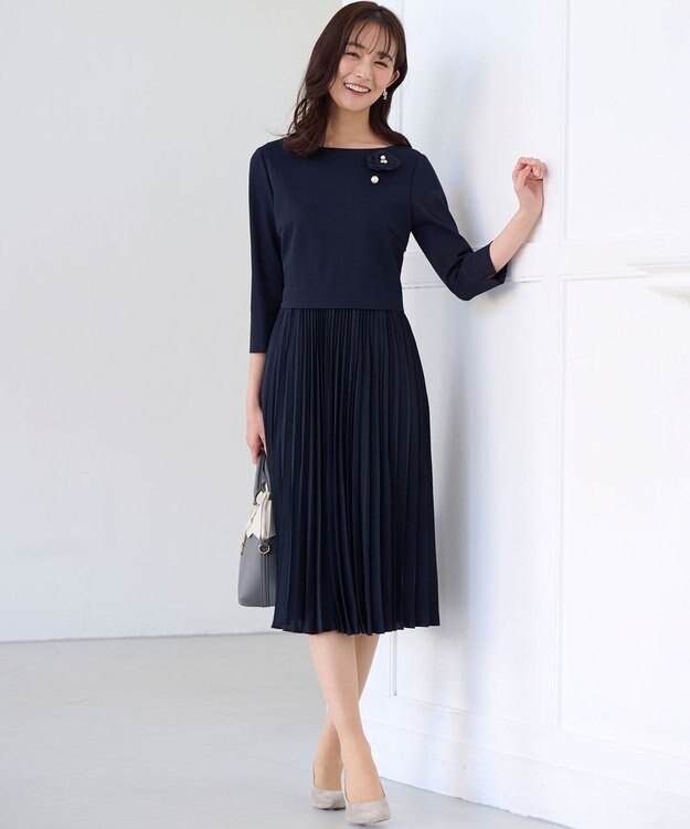 組曲 【KUMIKYOKU NAVY】ジャージーコンビプリーツ ワンピース ネイビー系