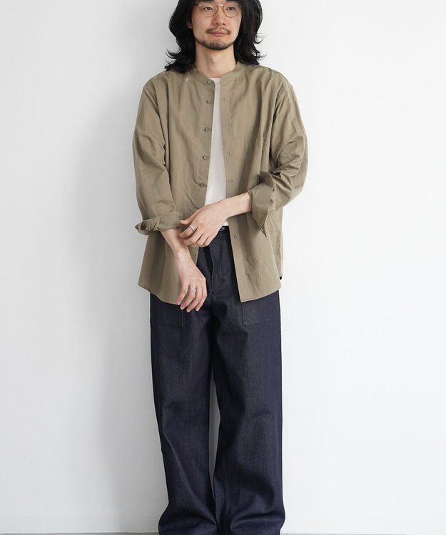 WHITE MAILS 【UNISEX】COTTON PAPER SOFT TWILL バンドカラーシャツ カーキ