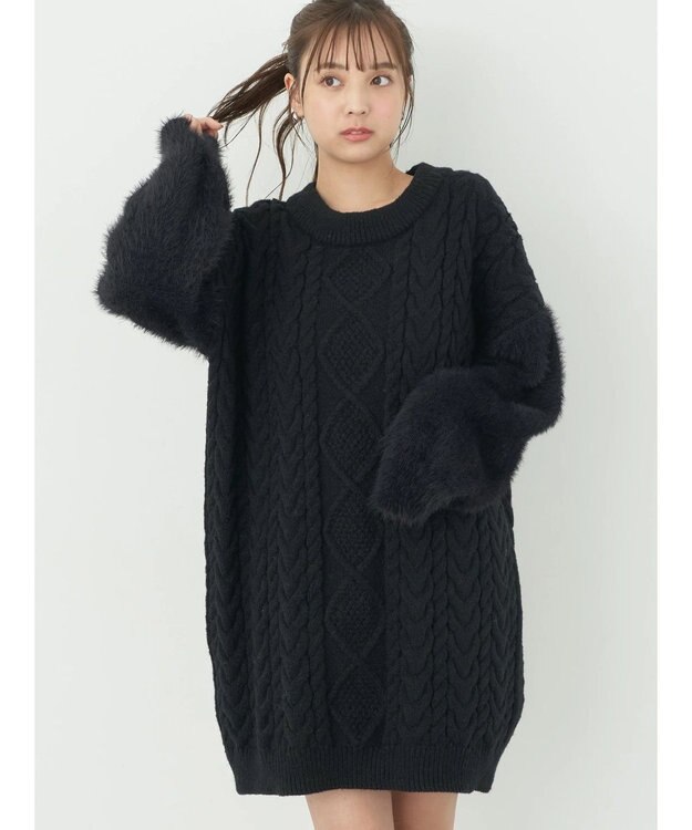 earth music&ecology 袖ファーケーブルミニワンピース Black