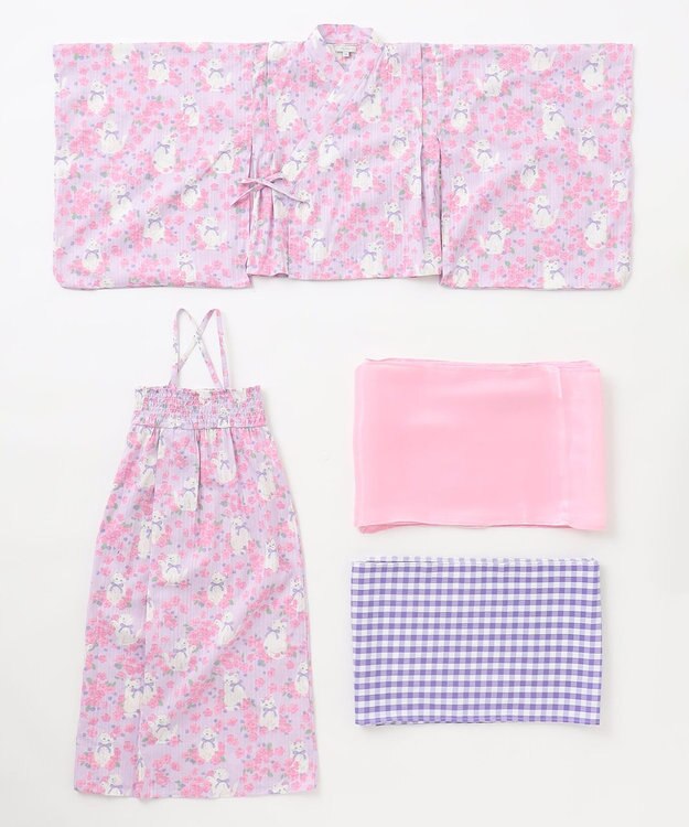 ANY KIDS 3WAY ロング丈 浴衣 セット ラベンダー×白ネコ