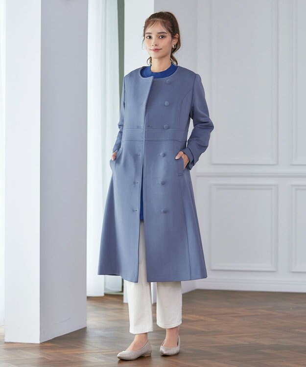 Tiaclasse 【ウール95%】ノーカラー包みボタンAラインコート ブルー