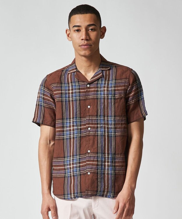 J.PRESS MEN フレンチリネンビッグチェックシャツ ブラウン系3