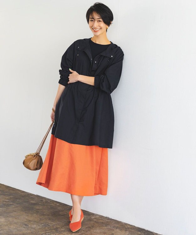 自由区 【接触冷感/セットアップ着用可】トリアセテートツイル フレアスカート オレンジ系