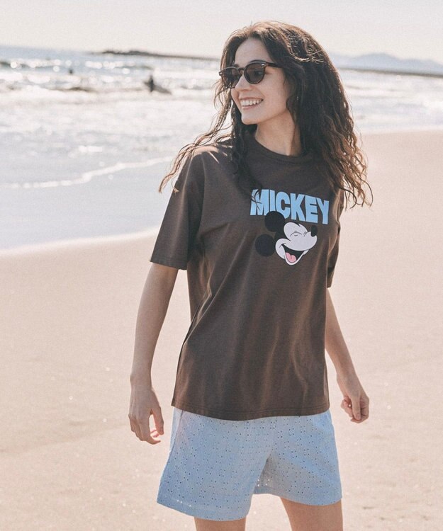 OP／FILA 【Ocean Pacific】ミッキー/水陸両用オーバーサイズTシャツ/レディース ブラウン