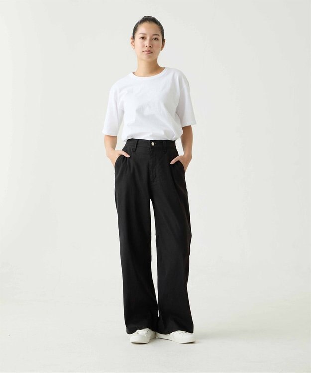 caqu linen rayon stretch wide pants リネンレーヨンストレッチワイドパンツ black