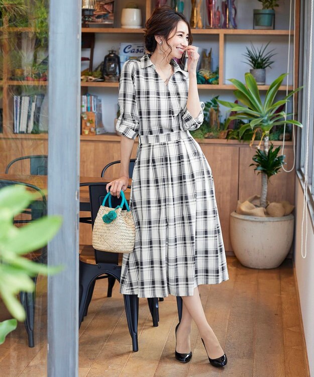 Tiaclasse L 【洗える】小顔効果も期待できるスキッパーシャツワンピース オフチェック