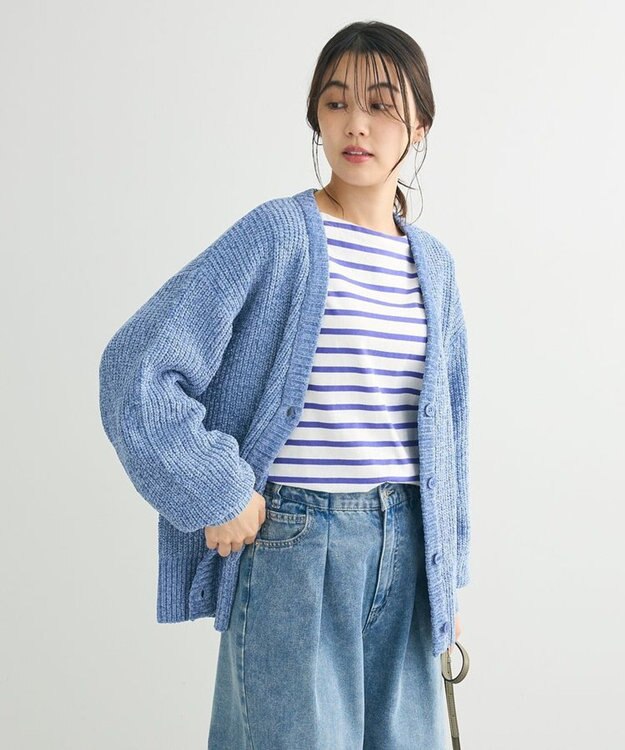 Green Parks ベロアモールＶネックカーディガン Sax