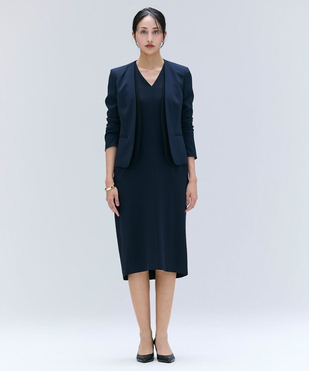 BEIGE， 【洗える・L-size】CINDY / Vネックハーフスリーブワンピース Navy x Black