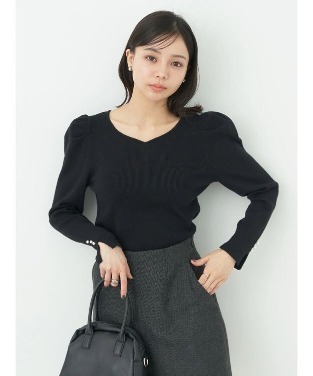 earth music&ecology ハートネック袖パールニットプルオーバー Black