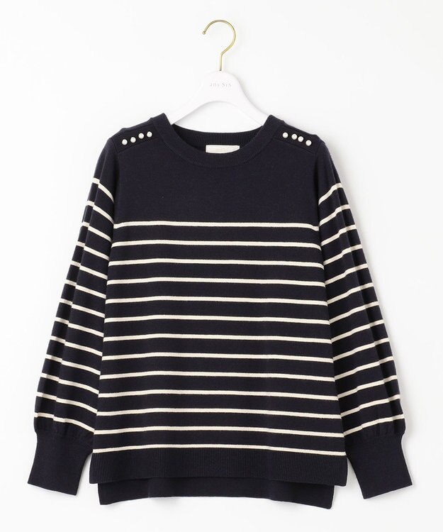 ANY SIS 【Oggi1月号掲載】ショルダーパール調 ニット ネイビー×アイボリーボーダー