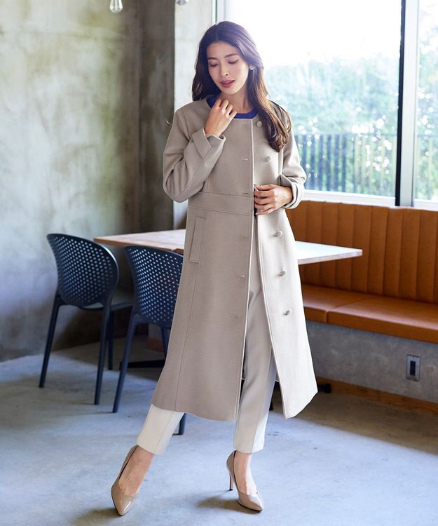 Tiaclasse L 【ウール95%】ノーカラー包みボタンAラインコート グレージュ