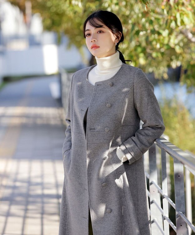 Tiaclasse 【ウール95%】ノーカラー包みボタンAラインコート チャコールグレー