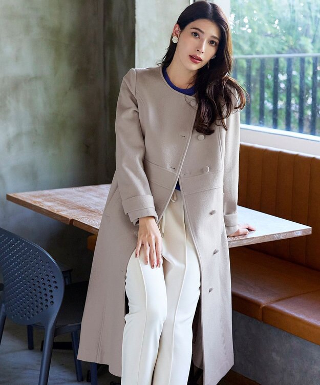 Tiaclasse 【ウール95%】ノーカラー包みボタンAラインコート グレージュ