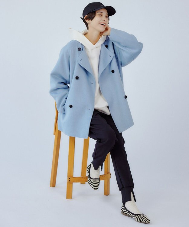 UNFILO 【撥水】ウール混リバー ショートコート スカイブルー系