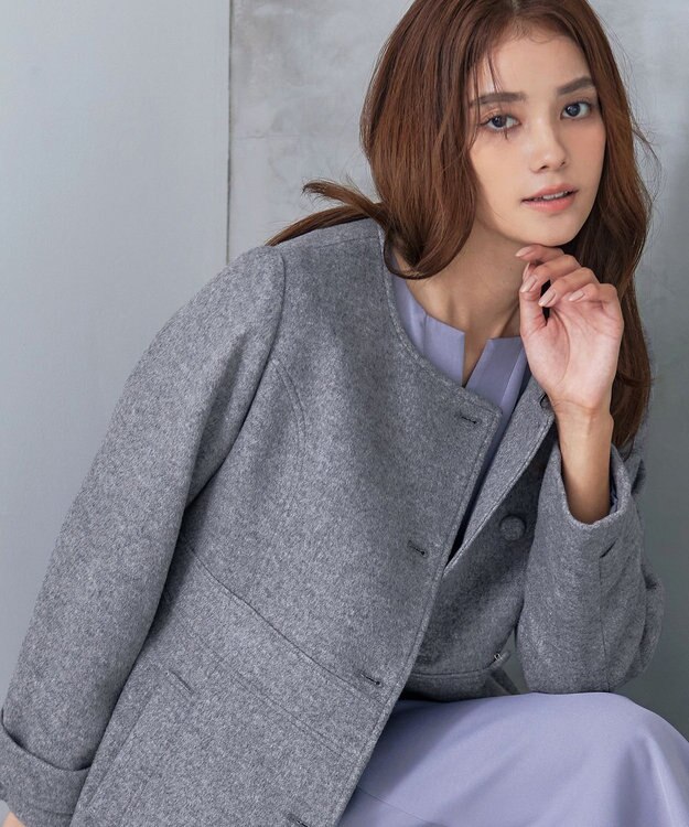 Tiaclasse 【ウール95%】ノーカラー包みボタンAラインコート チャコールグレー