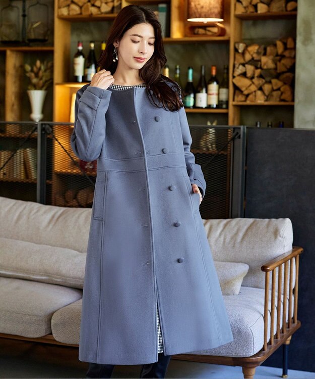 Tiaclasse 【ウール95%】ノーカラー包みボタンAラインコート ブルー