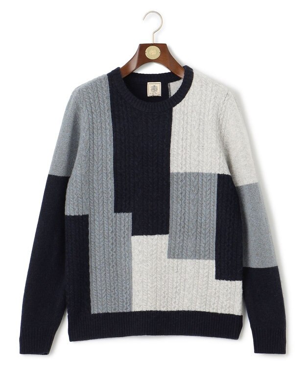 J.PRESS MEN 【Cash Lamb's Wool】クレイジーパターン ケーブルクルーネック ニット ネイビー系3