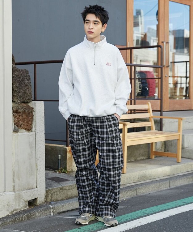 WEGO 【ウエストゴム/MLサイズ展開】イージーワイドカーゴスラックス ブラックチェック1